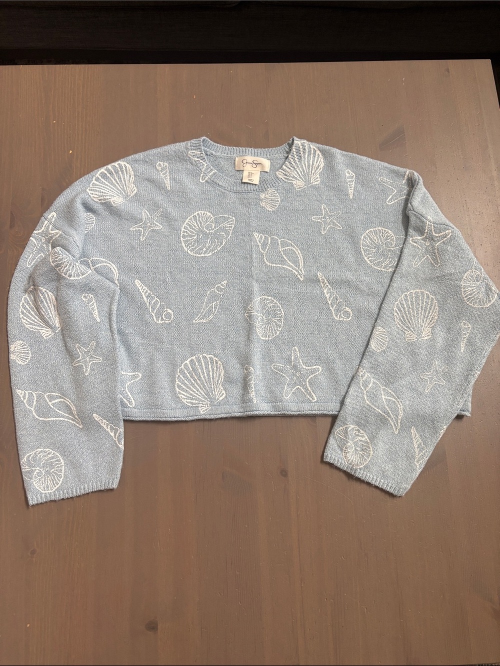 Jessica Simpson Light Blue Cropped Seashell Crewneck Sweater Size Small